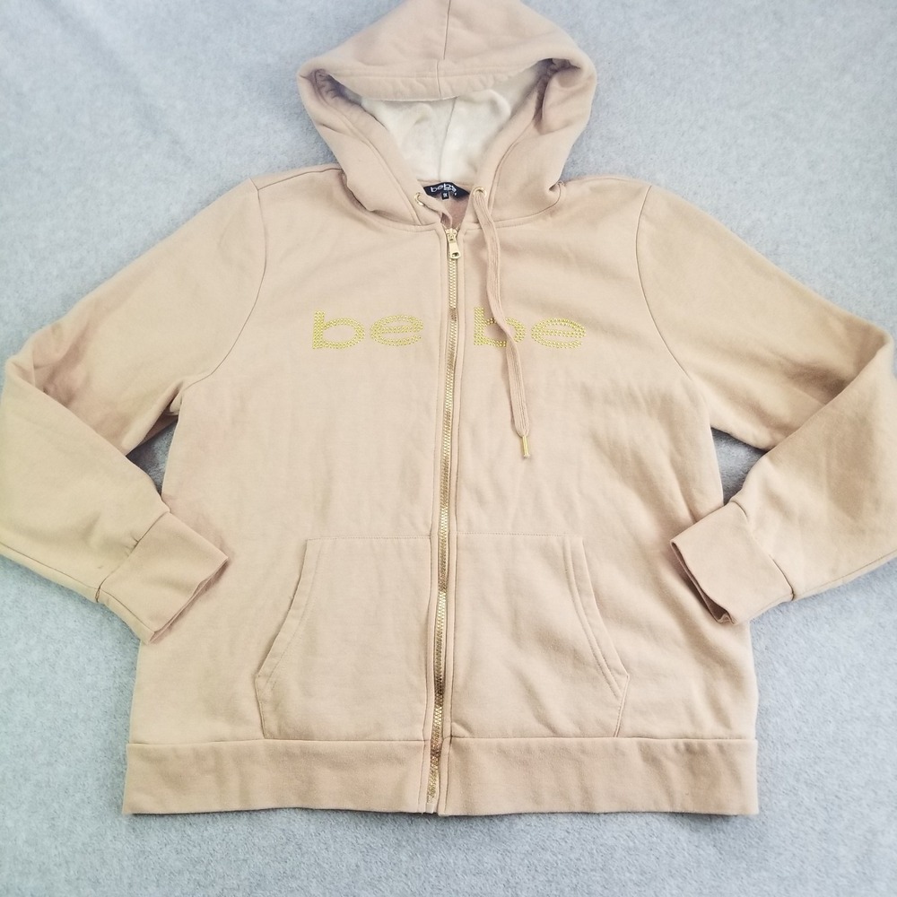 Bebe Sport Hoodie Womens Plus Size XL Beige Rhinestone Full Zip Faux Fur Hood